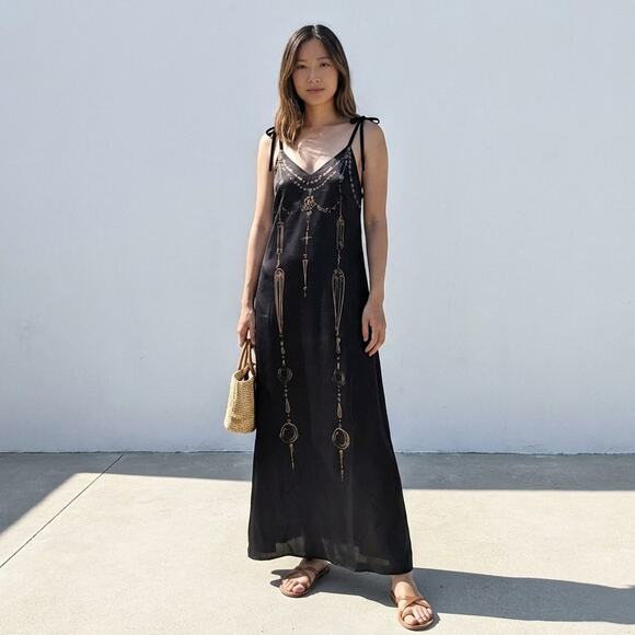 JNBY Black Satin Skeleton Print Sleeveless Midi Maxi Slip Dress